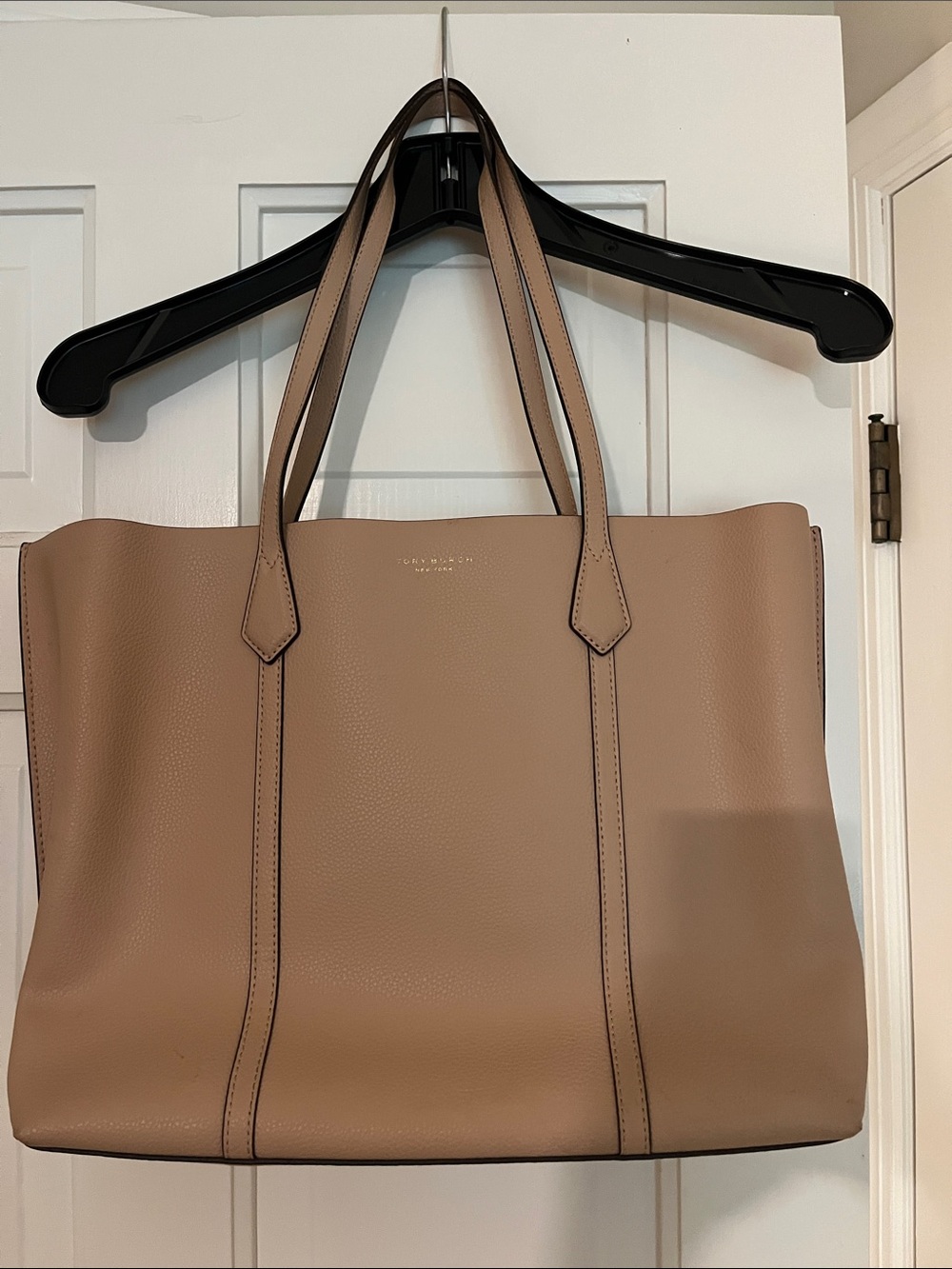 Tory Burch Perry Triple compartment Pebbled Leather Double-Handle Tote in Beige